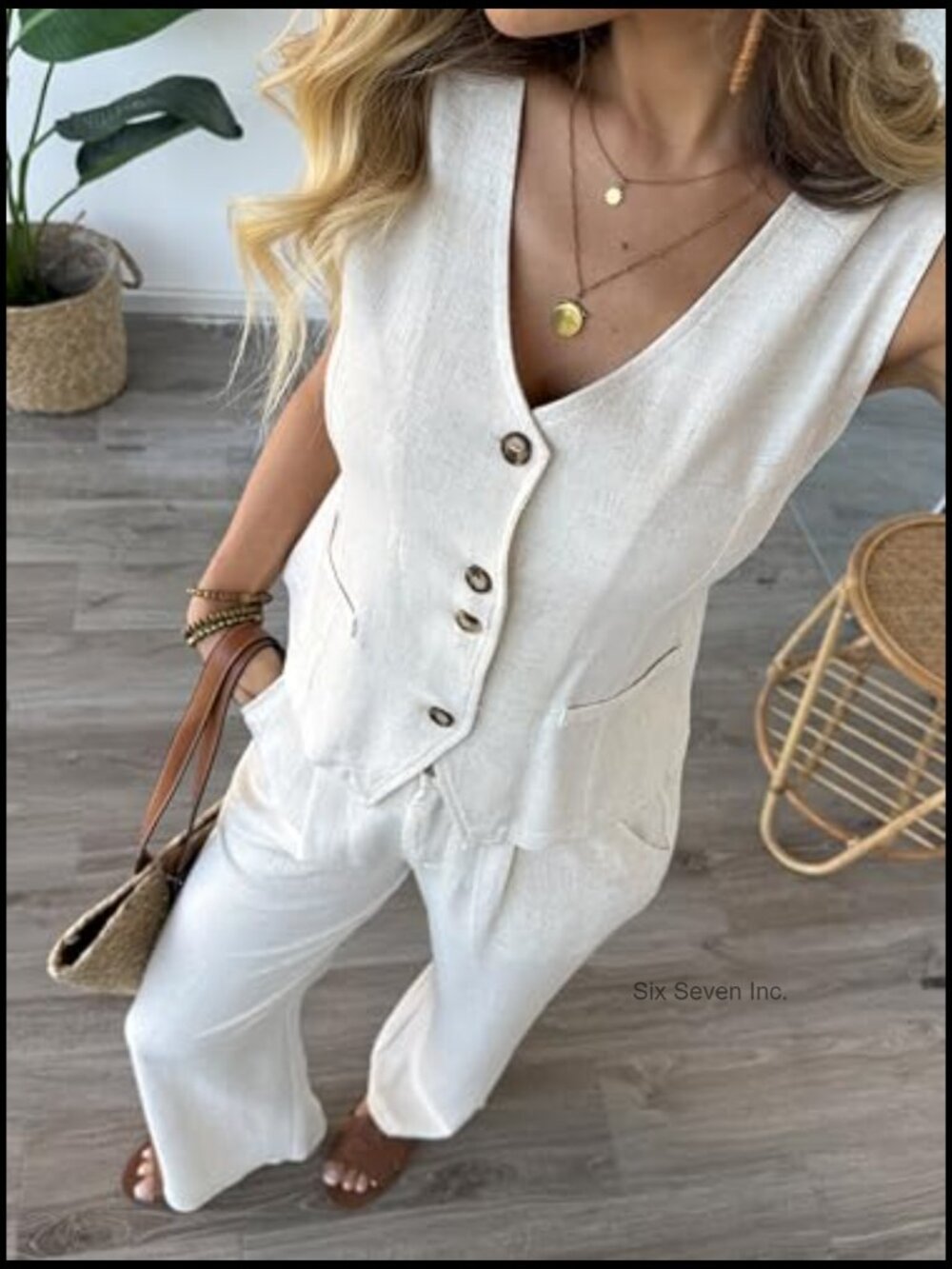 Women's 2 Piece Cotton Linen Vest & Wide Leg Pants Suit Summer Set - Picture 3 of 6